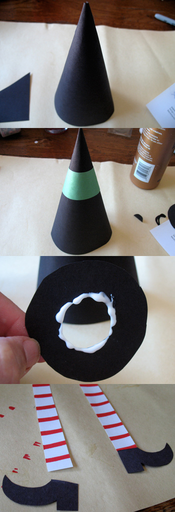 a series of photos showing how to make a cone witch