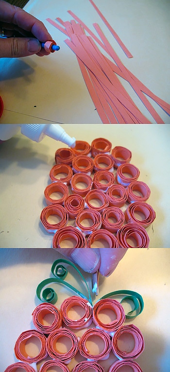 photos showing the steps to make a curled paper pumpkin