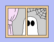 a cartoony drawing of the finished ghost project in a window