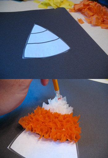 photos showing the steps to make puffy candy corn