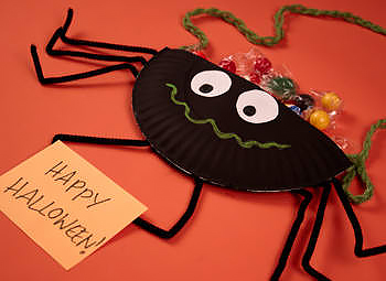 a spider candy holder made from a paper plate and pipe cleaners