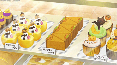 A beautifully-animated scene from an anime, showing Halloween-themed treats in a bakery case
